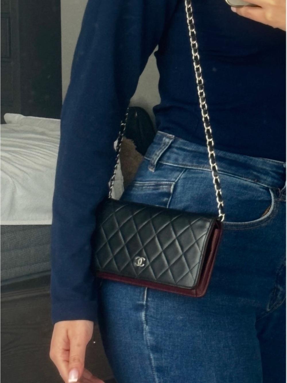 Authentic CHANEL Lambskin Matelasse wallet on chain crossbody bag